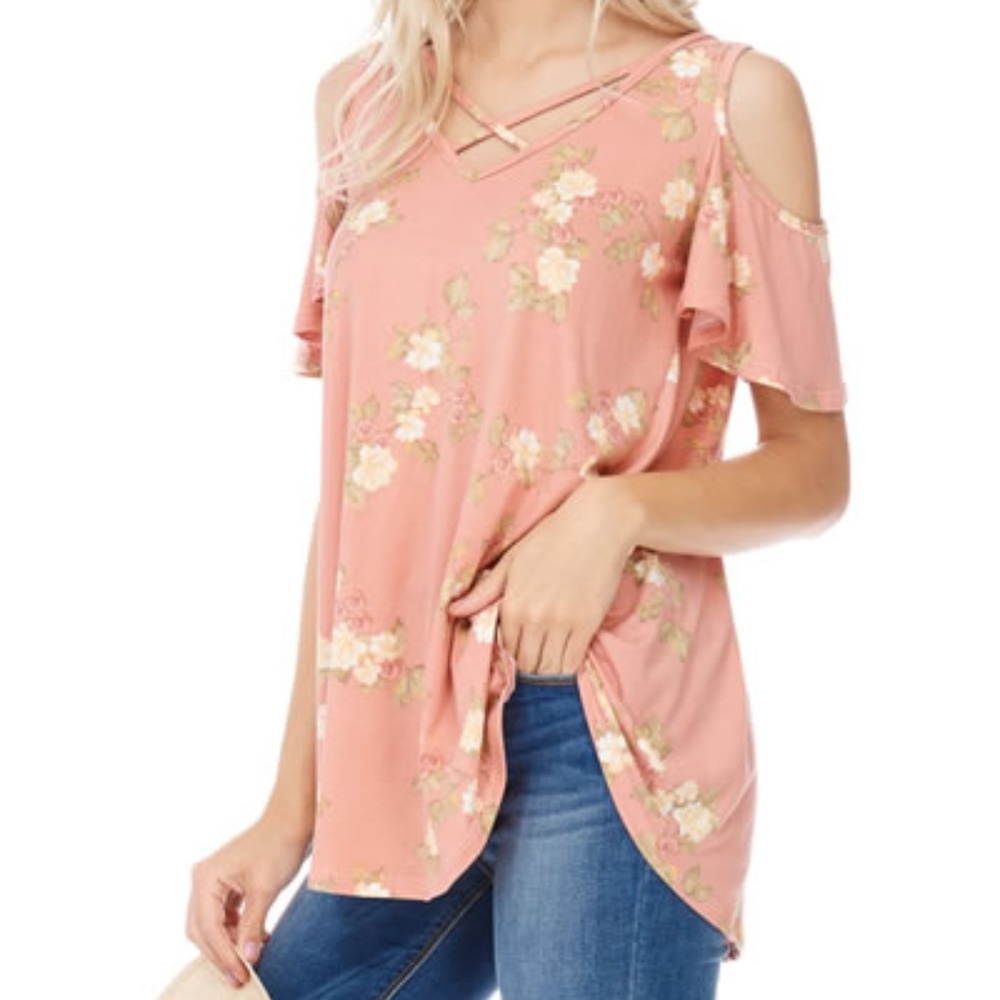 Open Shoulder Floral Tunic Top Summer